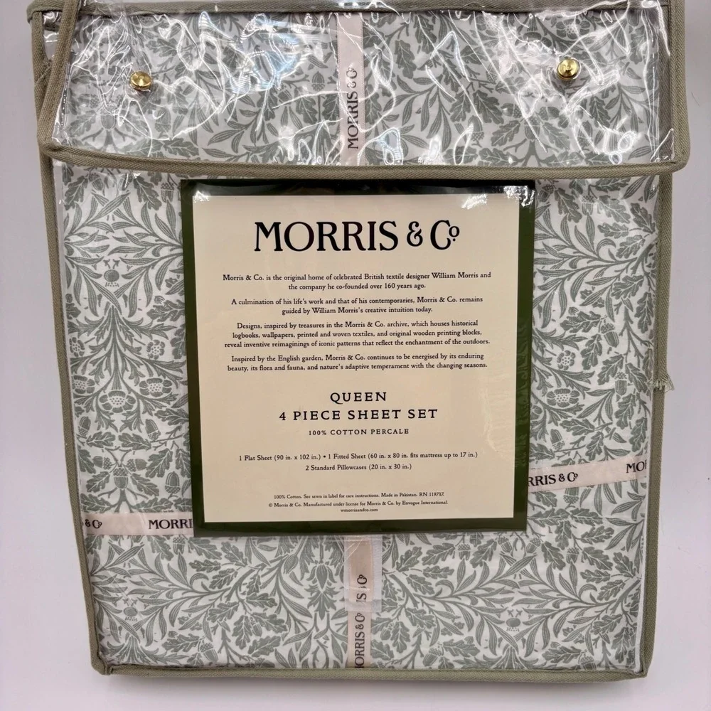 Morris & Co Queen 4 Piece Sheet Set 100% Cotton Percale Sage Green Floral Oak